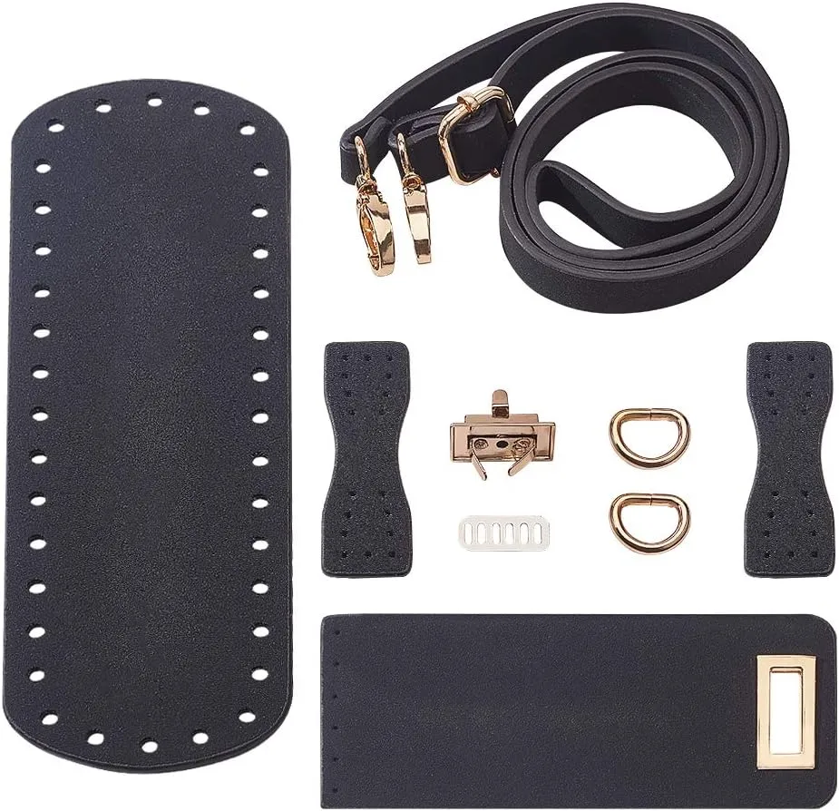 PandaHall DIY PU Leather Bag Knitting Set, Leather Bottom/26' Shoulder Strap/Bag Twist Lock/Flap Cover/Buckles for Crochet Handbag Tote, Black (7 Accessories)