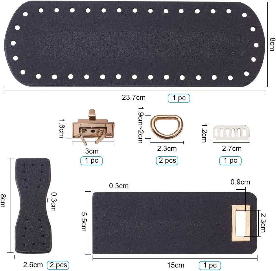 PandaHall DIY PU Leather Bag Knitting Set, Leather Bottom/26' Shoulder Strap/Bag Twist Lock/Flap Cover/Buckles for Crochet Handbag Tote, Black (7 Accessories)