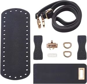 PandaHall DIY PU Leather Bag Knitting Set, Leather Bottom/26' Shoulder Strap/Bag Twist Lock/Flap Cover/Buckles for Crochet Handbag Tote, Black (7 Accessories)