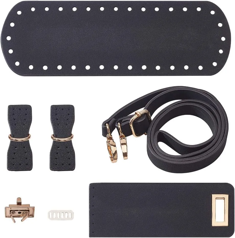 PandaHall DIY PU Leather Bag Knitting Set, Leather Bottom/26' Shoulder Strap/Bag Twist Lock/Flap Cover/Buckles for Crochet Handbag Tote, Black (7 Accessories)