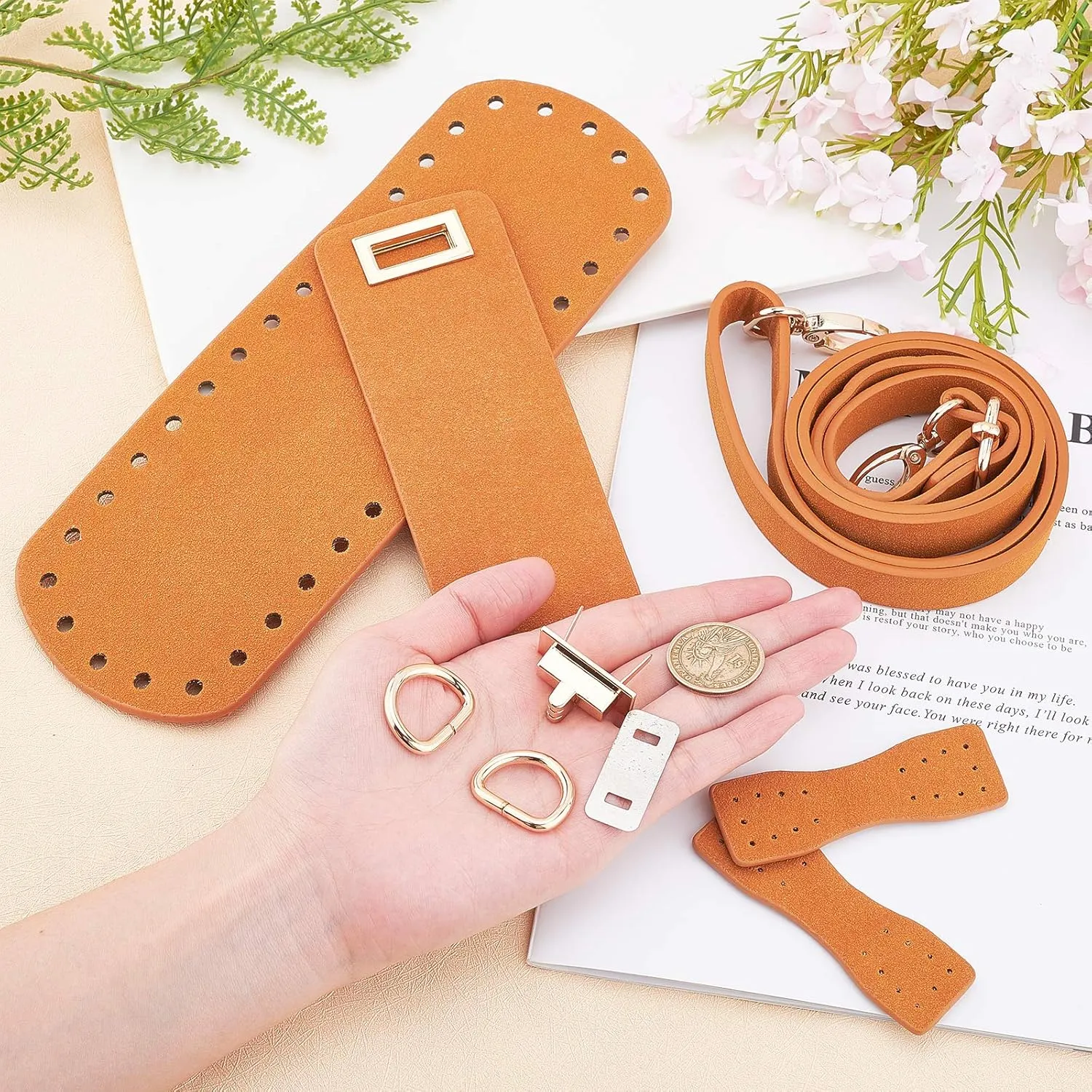PandaHall DIY PU Leather Bag Knitting Set, Leather Bottom/26' Shoulder Strap/Bag Twist Lock/Flap Cover/Buckles for Crochet Handbag Tote, Camel (7 Accessories)