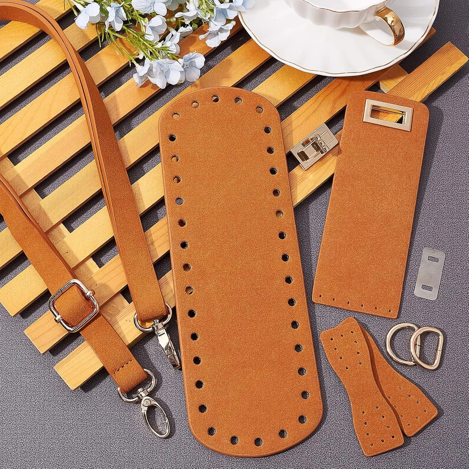 PandaHall DIY PU Leather Bag Knitting Set, Leather Bottom/26' Shoulder Strap/Bag Twist Lock/Flap Cover/Buckles for Crochet Handbag Tote, Camel (7 Accessories)