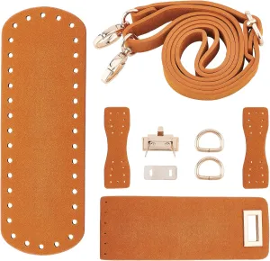 PandaHall DIY PU Leather Bag Knitting Set, Leather Bottom/26' Shoulder Strap/Bag Twist Lock/Flap Cover/Buckles for Crochet Handbag Tote, Camel (7 Accessories)