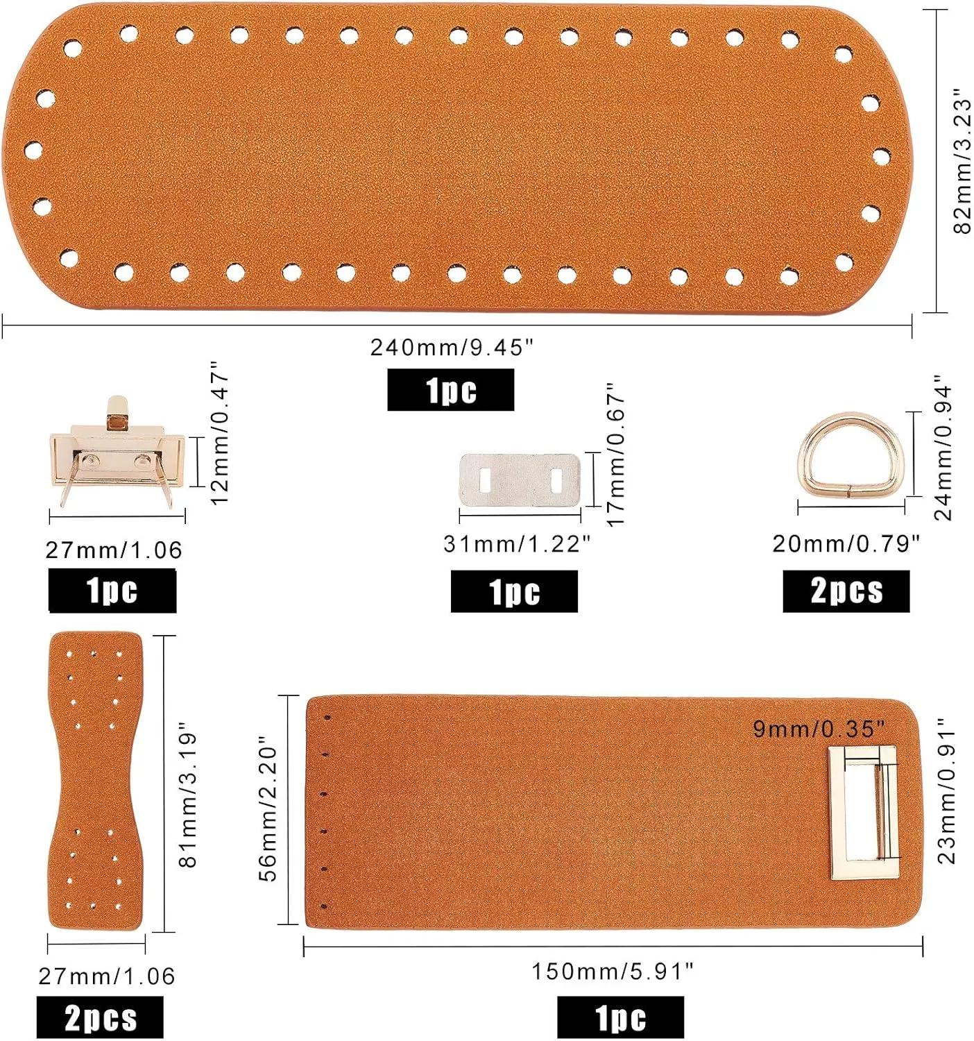 PandaHall DIY PU Leather Bag Knitting Set, Leather Bottom/26' Shoulder Strap/Bag Twist Lock/Flap Cover/Buckles for Crochet Handbag Tote, Camel (7 Accessories)