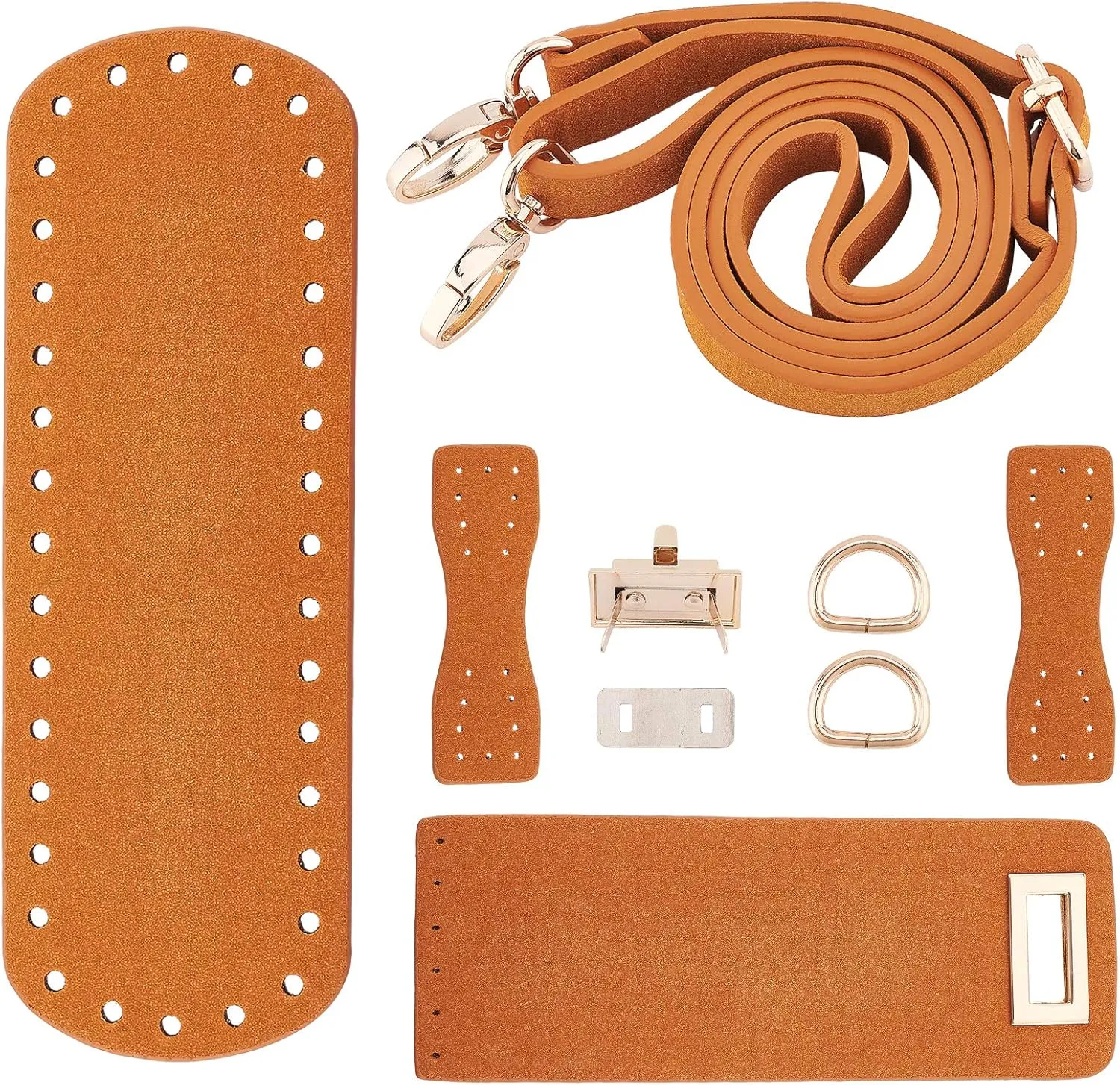 PandaHall DIY PU Leather Bag Knitting Set, Leather Bottom/26' Shoulder Strap/Bag Twist Lock/Flap Cover/Buckles for Crochet Handbag Tote, Camel (7 Accessories)