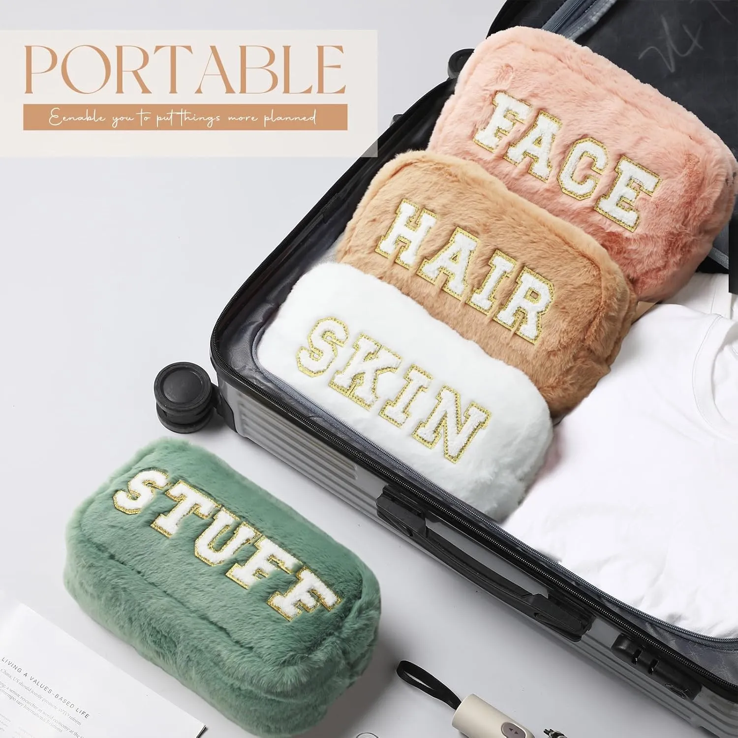 Paterr 4 Pieces Chenille Letter Preppy Patches Makeup Bag Plush Fuzzy Cosmetic Hair Face Skin Toiletry Travel Bag Pouch with Zipper Preppy Stuff for Girls Women(Morandi Color)
