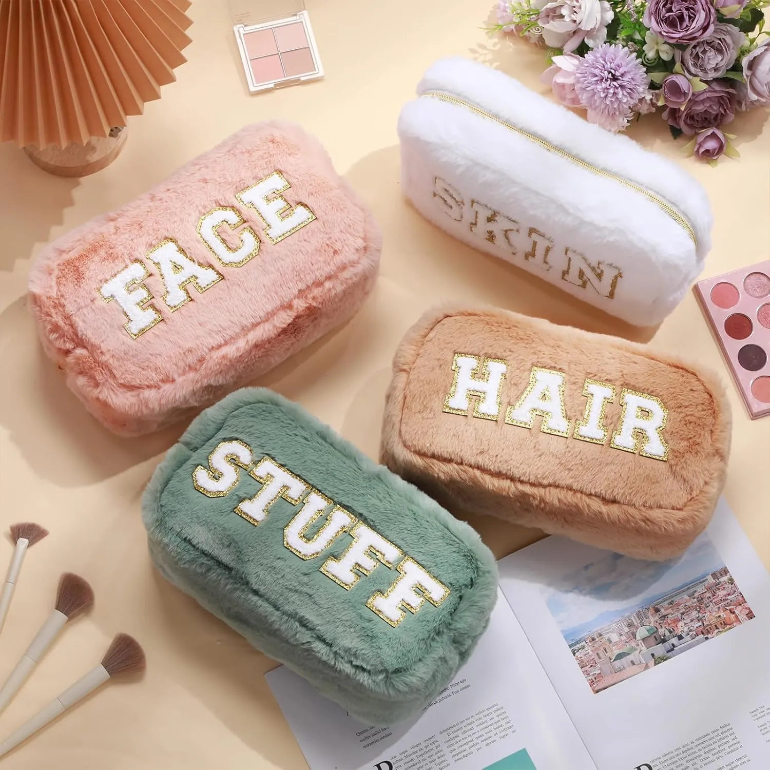 Paterr 4 Pieces Chenille Letter Preppy Patches Makeup Bag Plush Fuzzy Cosmetic Hair Face Skin Toiletry Travel Bag Pouch with Zipper Preppy Stuff for Girls Women(Morandi Color)