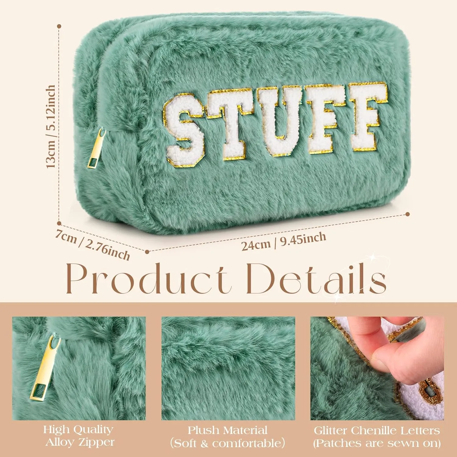 Paterr 4 Pieces Chenille Letter Preppy Patches Makeup Bag Plush Fuzzy Cosmetic Hair Face Skin Toiletry Travel Bag Pouch with Zipper Preppy Stuff for Girls Women(Morandi Color)
