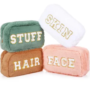 Paterr 4 Pieces Chenille Letter Preppy Patches Makeup Bag Plush Fuzzy Cosmetic Hair Face Skin Toiletry Travel Bag Pouch with Zipper Preppy Stuff for Girls Women(Morandi Color)