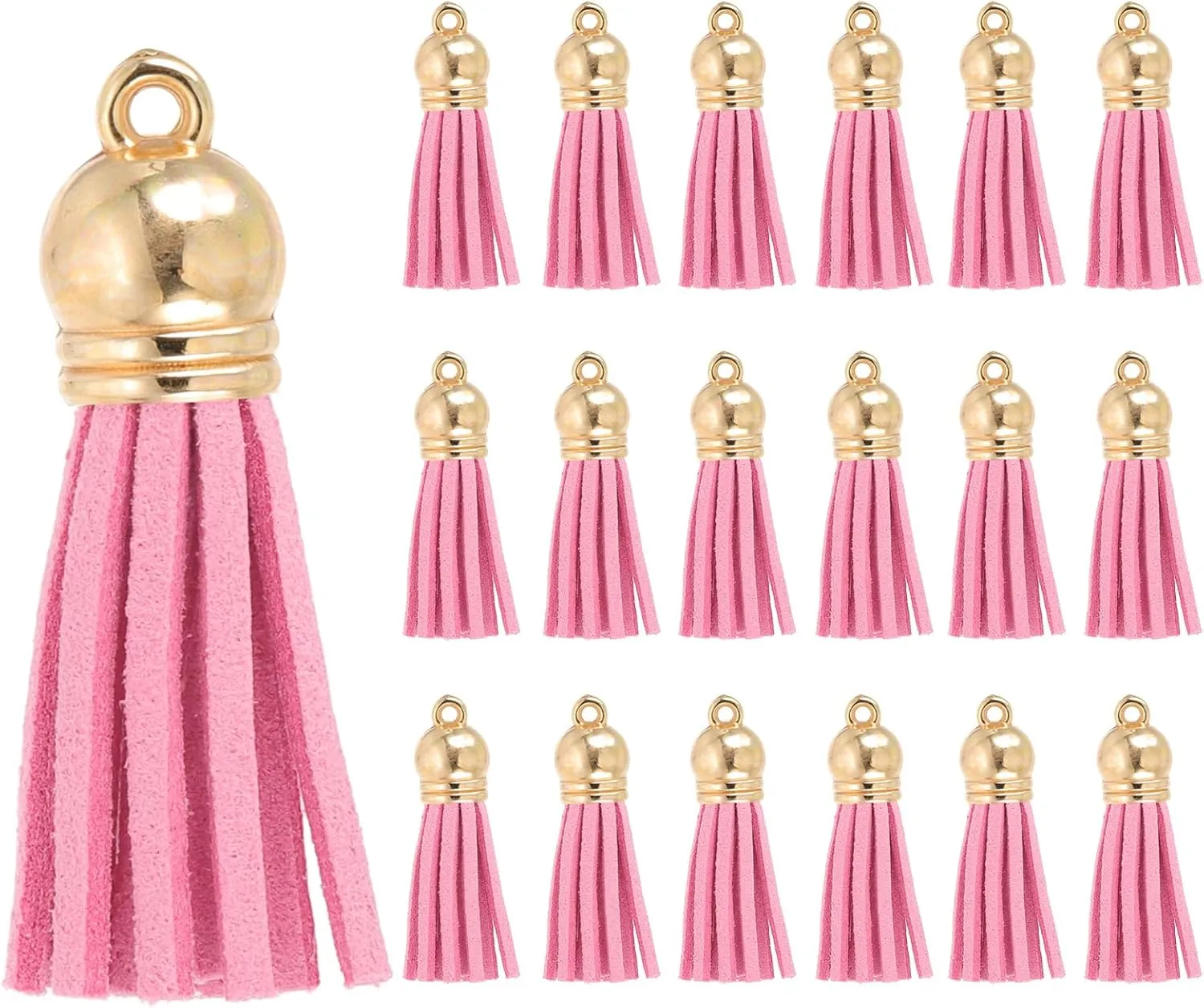 PATIKIL 1.5 Inch Leather Tassels, 100 Pcs Faux Leather Suede Tassel Keychain Charm Bulk with Gold Cap for DIY Craft Decor Handbags Bracelets Keyring Jewelry Making, Hot Pink