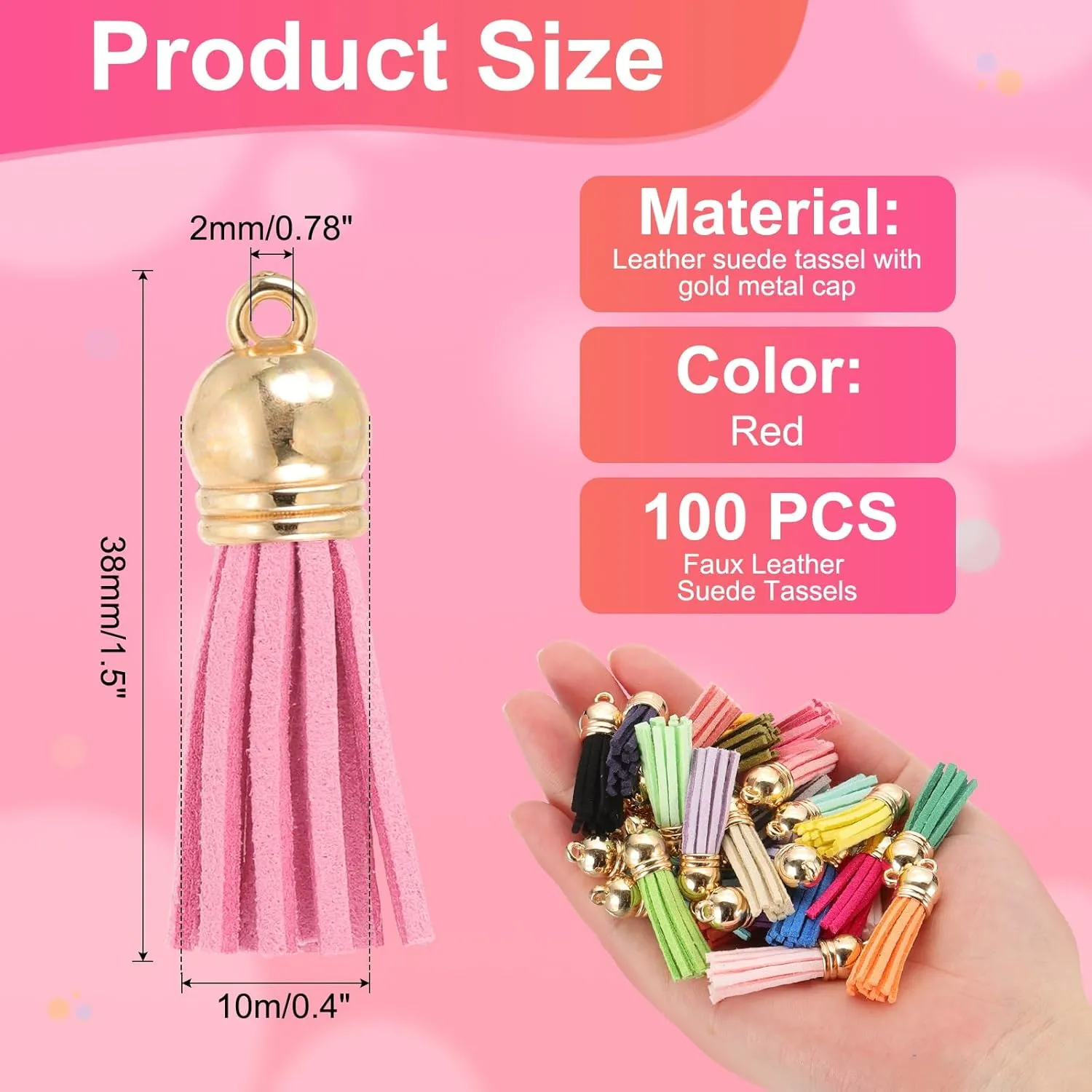 PATIKIL 1.5 Inch Leather Tassels, 100 Pcs Faux Leather Suede Tassel Keychain Charm Bulk with Gold Cap for DIY Craft Decor Handbags Bracelets Keyring Jewelry Making, Hot Pink