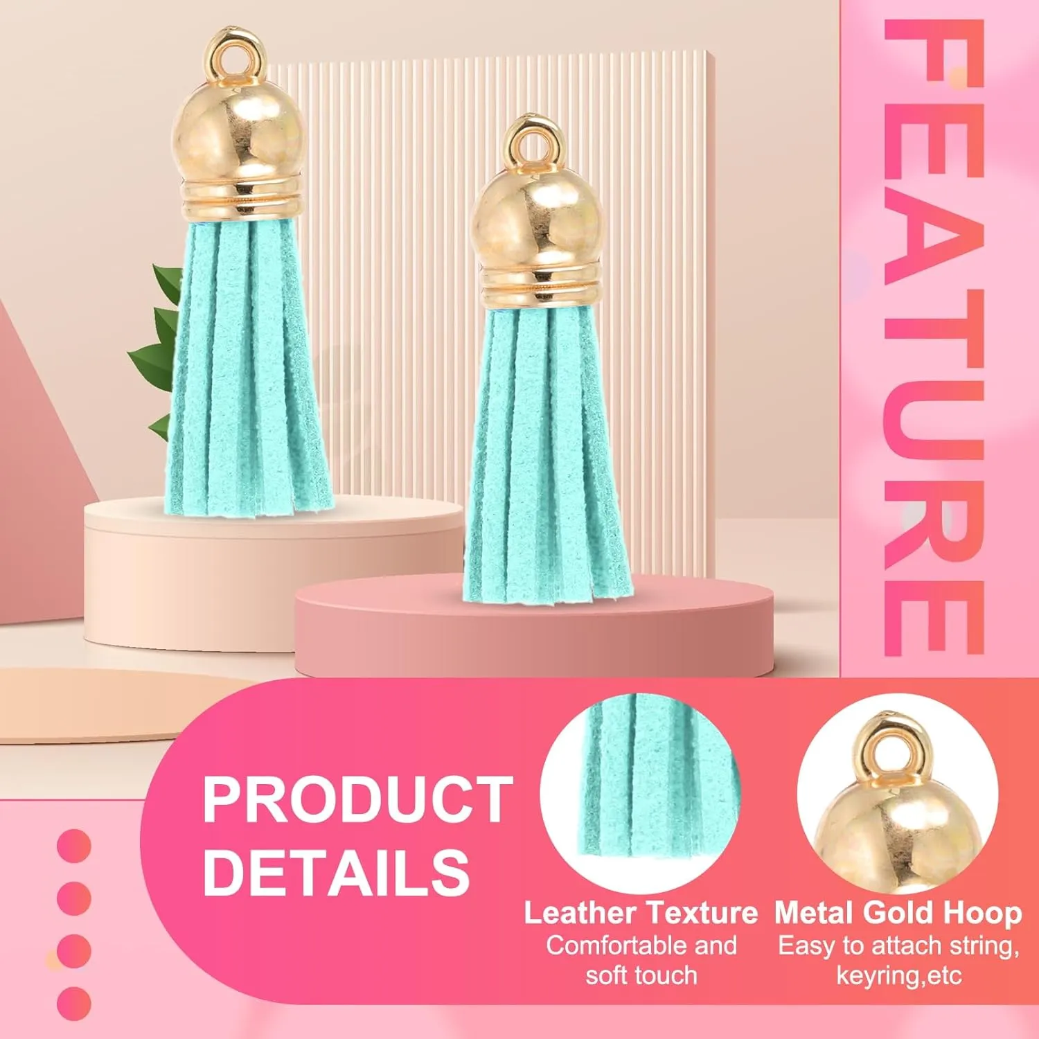 PATIKIL 1.5 Inch Leather Tassels, 100 Pcs Faux Leather Suede Tassel Keychain Charm Bulk with Gold Cap for DIY Craft Decor Handbags Bracelets Keyring Jewelry Making, Lake Blue