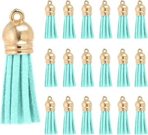 PATIKIL 1.5 Inch Leather Tassels, 100 Pcs Faux Leather Suede Tassel Keychain Charm Bulk with Gold Cap for DIY Craft Decor Handbags Bracelets Keyring Jewelry Making, Lake Blue