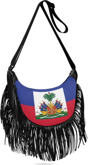 Patriot Tassel Crossbody Bag Haiti Flag Women Fringe Boho Handbag Hippie Purse Vintage Bohemian Shoulder Bag '70s Daily Bag Valentines Gift for Wife, Lover
