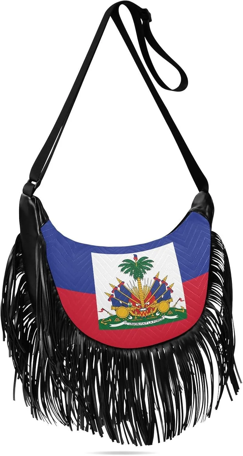 Patriot Tassel Crossbody Bag Haiti Flag Women Fringe Boho Handbag Hippie Purse Vintage Bohemian Shoulder Bag '70s Daily Bag Valentines Gift for Wife, Lover