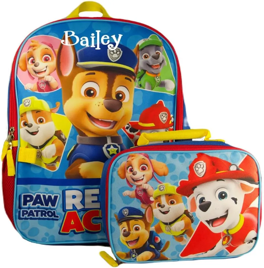 Paw Patrol Backpack for Kids, Book Bag Lunch Box Set, Officially Licensed, Back to School Bags, Personalized Custom Name (Blue Red Action)