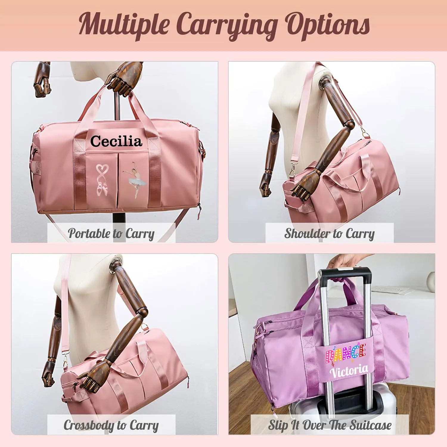 Personalized Duffle Bag Custom Dance Bag with Name Text Travel Bags Customized Printed Photo Picture Gym Bag for Cheerleading Dance Gymnastics Ballet Team, Pink