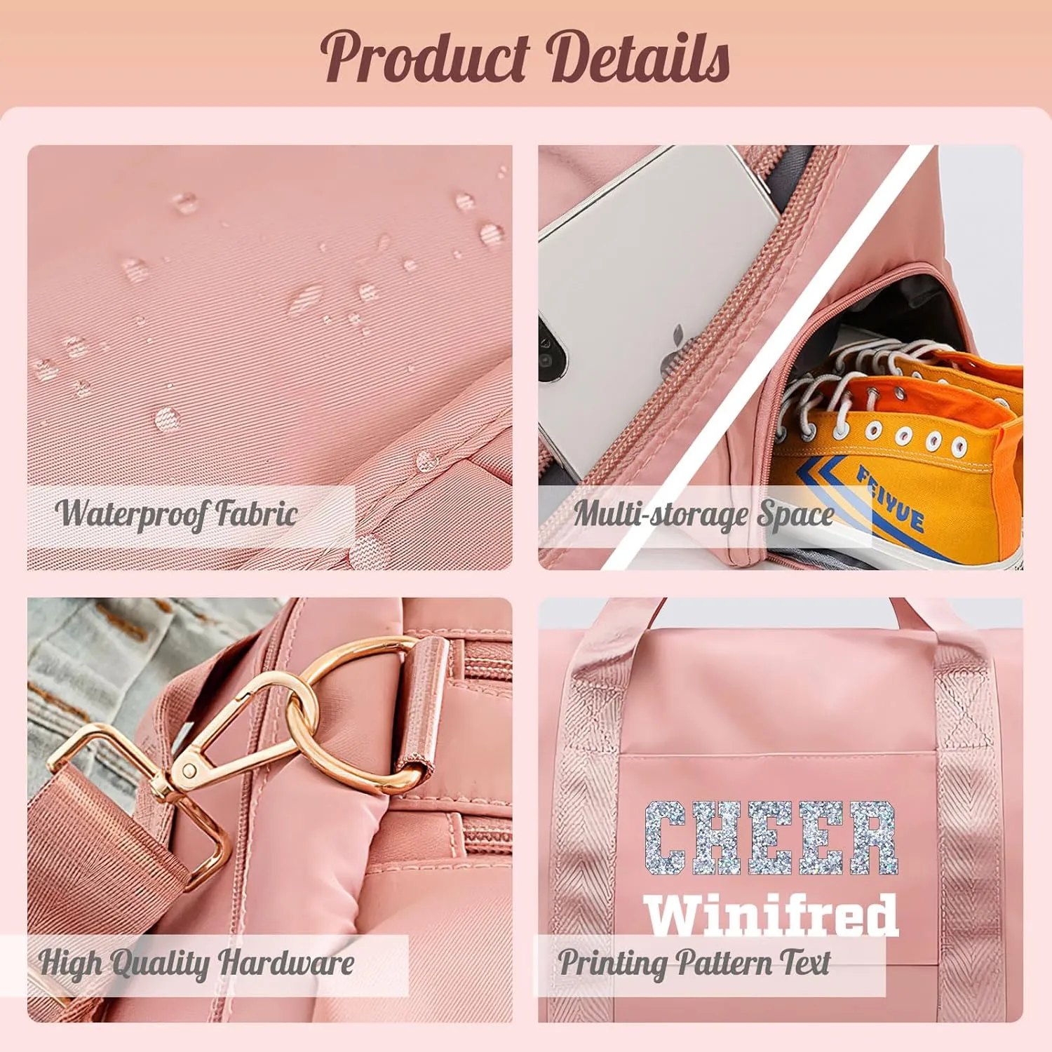 Personalized Duffle Bag Custom Dance Bag with Name Text Travel Bags Customized Printed Photo Picture Gym Bag for Cheerleading Dance Gymnastics Ballet Team, Pink
