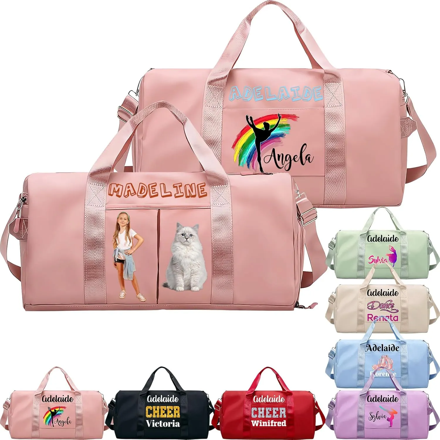 Personalized Duffle Bag Custom Dance Bag with Name Text Travel Bags Customized Printed Photo Picture Gym Bag for Cheerleading Dance Gymnastics Ballet Team, Pink
