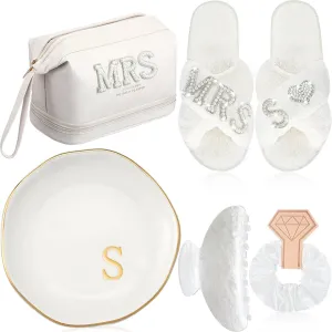 Personalized Initial Bridal Mrs Wedding Slippers Bride Wedding Ceramic Jewelry Tray Mrs White Pearl Letter Makeup Bag Claw Hair Clip Bridal Hair Tie for Women(Letter S)