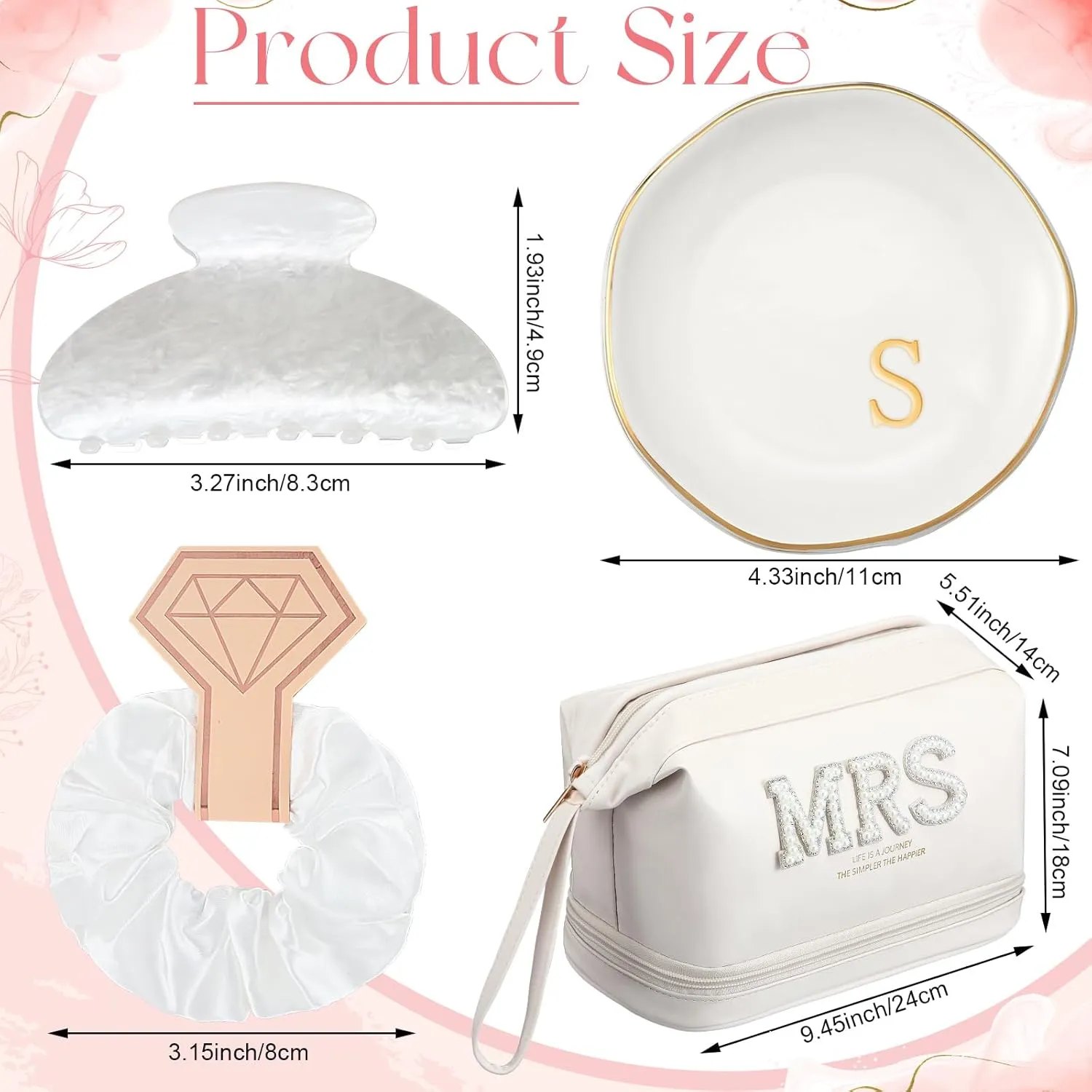 Personalized Initial Bridal Mrs Wedding Slippers Bride Wedding Ceramic Jewelry Tray Mrs White Pearl Letter Makeup Bag Claw Hair Clip Bridal Hair Tie for Women(Letter S)