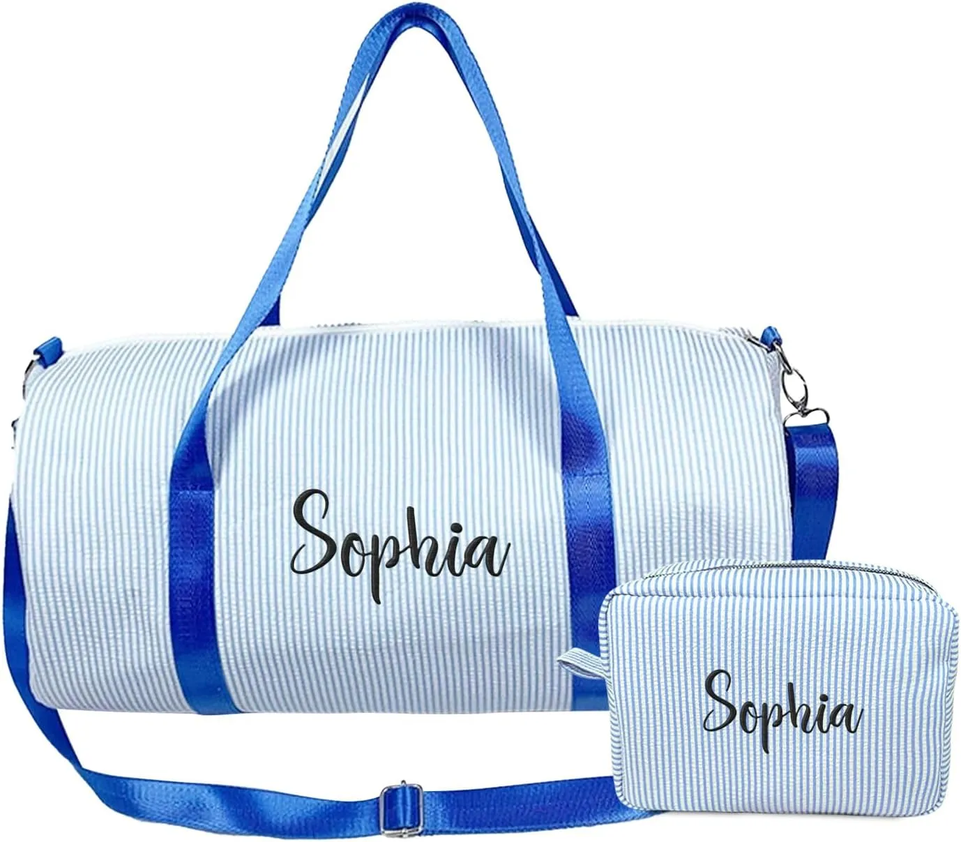 Personalized Kids Travel Duffle & Cosmetic Bag, Custom Seersucker Makeup Bag and Dance Bags Set for Dance Weekender Sleepover Girls
