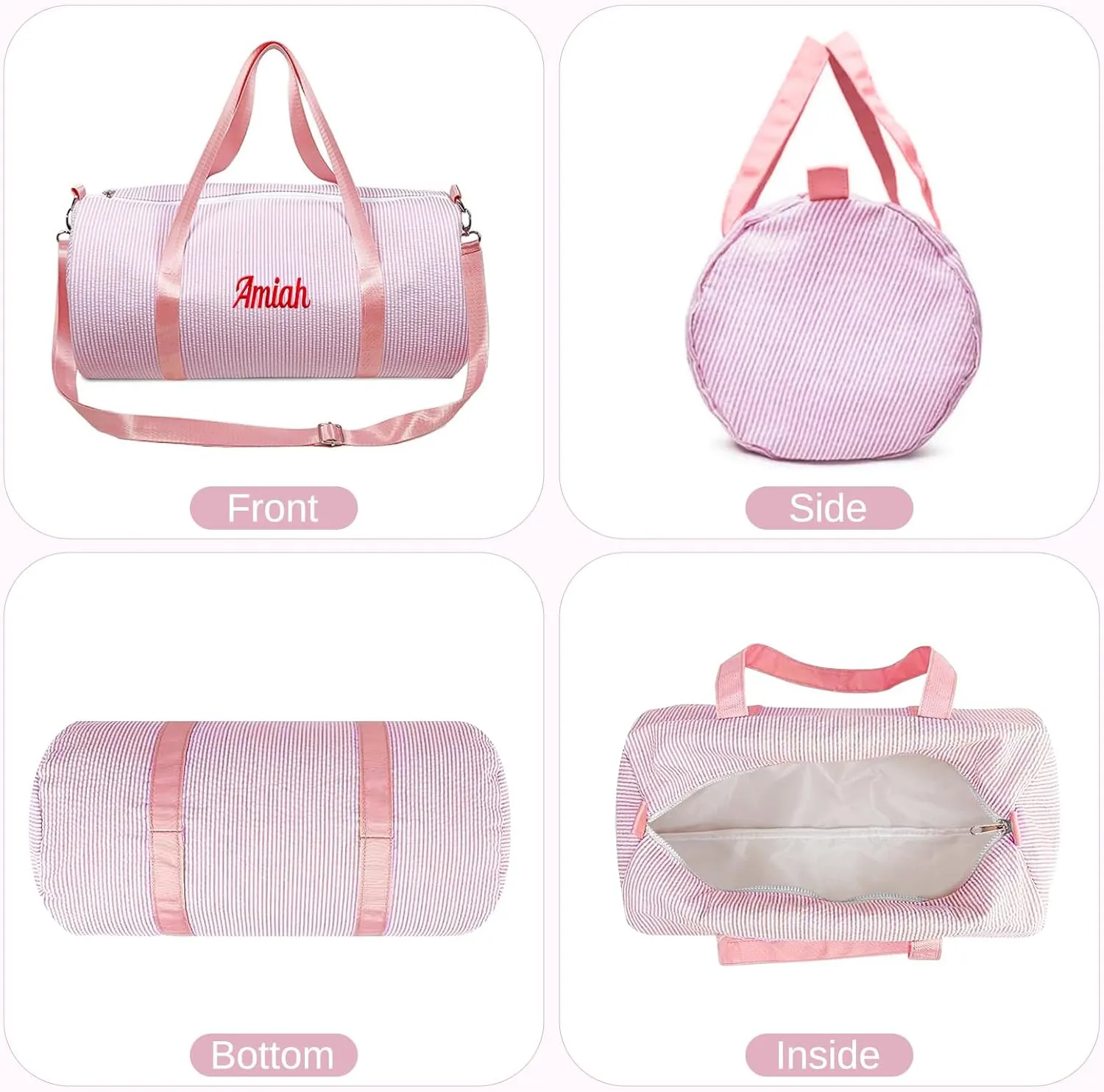 Personalized Kids Travel Duffle & Cosmetic Bag, Custom Seersucker Makeup Bag and Dance Bags Set for Dance Weekender Sleepover Girls