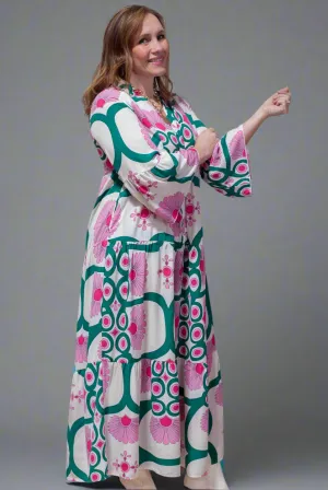 Pink Boho Floral Buttoned Loose Maxi Dress