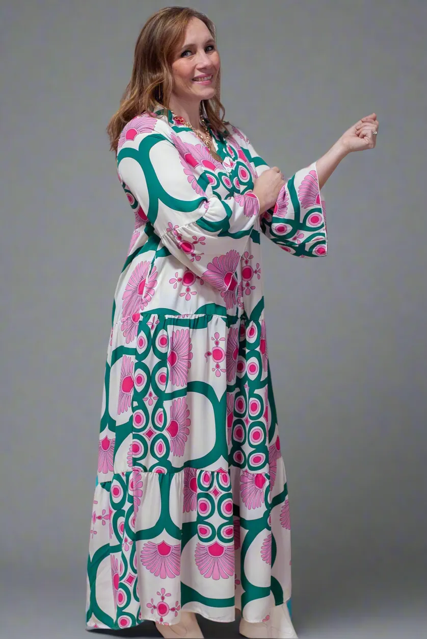 Pink Boho Floral Buttoned Loose Maxi Dress
