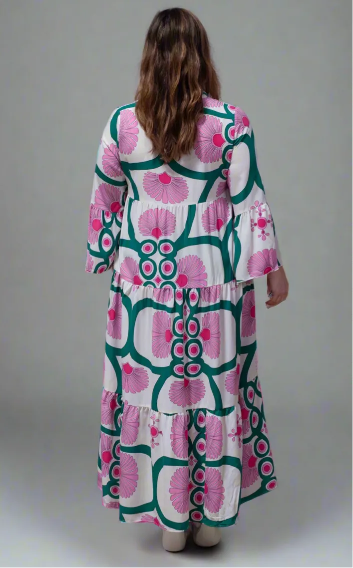 Pink Boho Floral Buttoned Loose Maxi Dress