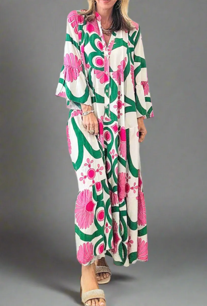 Pink Boho Floral Buttoned Loose Maxi Dress