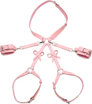 Pink Bondage Harness With Bows for Women, Men, & BDSM Couples, Vegan Leather Restraints for Subs - Medium Large, Pink.