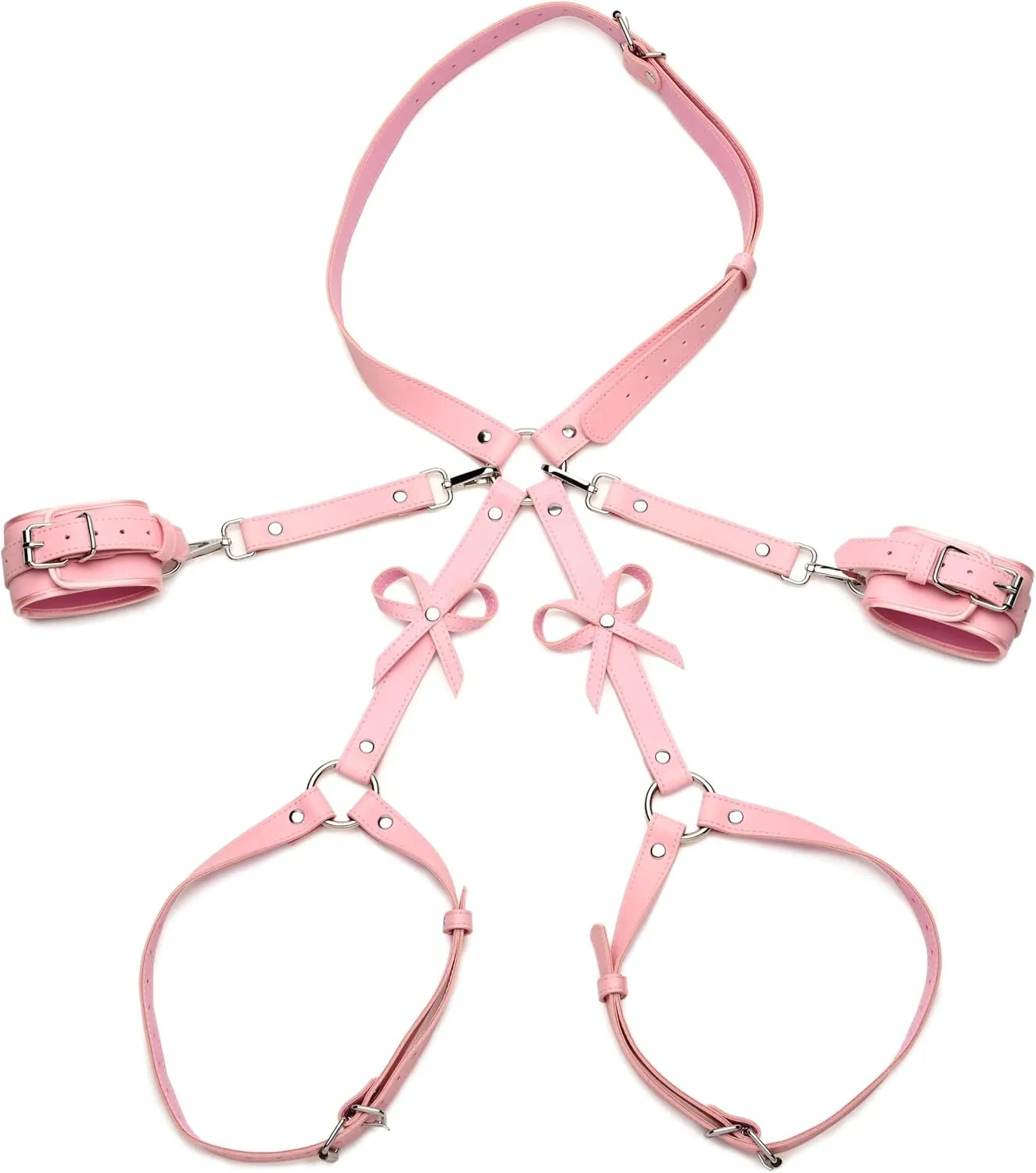 Pink Bondage Harness With Bows for Women, Men, & BDSM Couples, Vegan Leather Restraints for Subs - Medium Large, Pink.