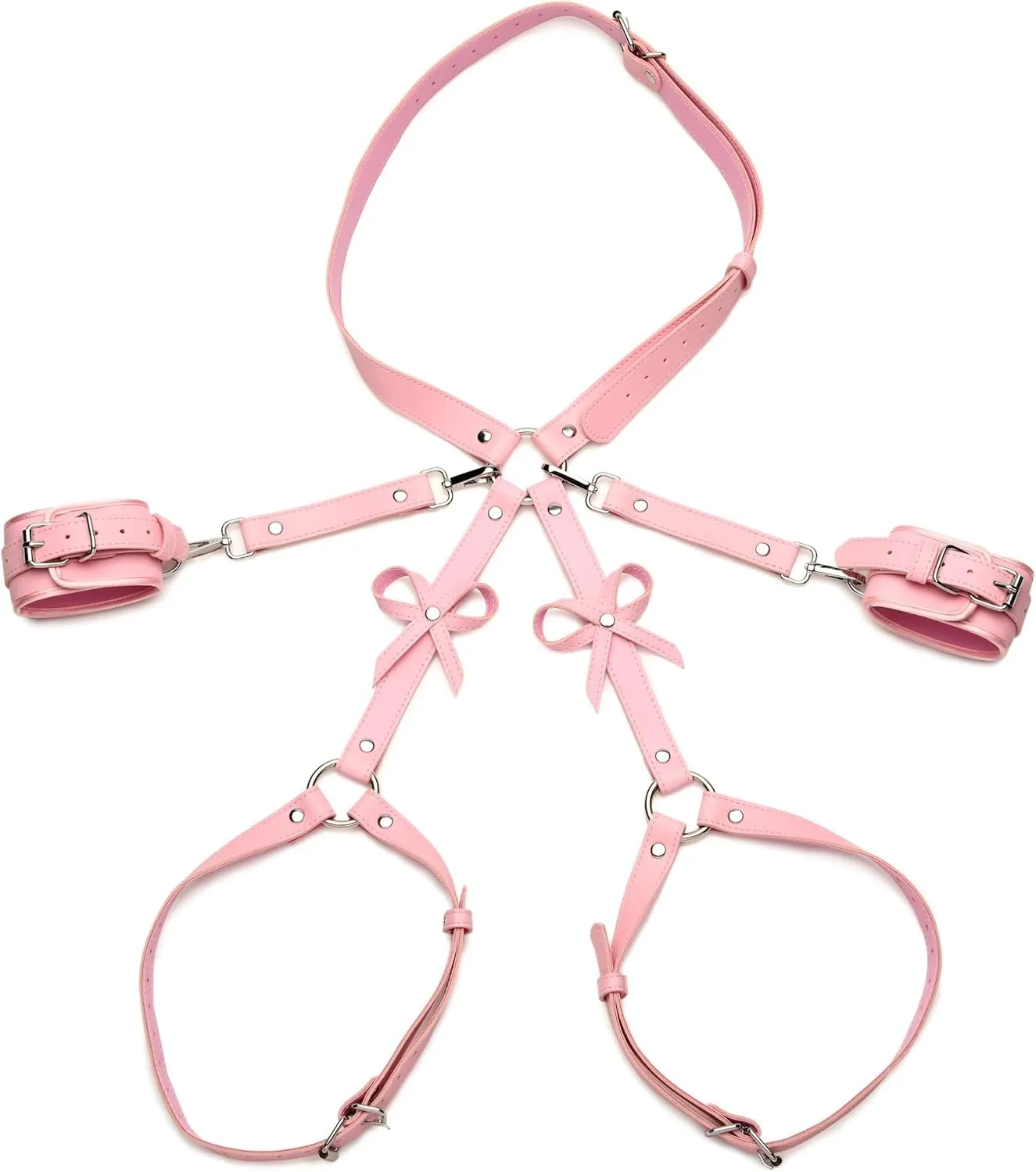Pink Bondage Harness With Bows for Women, Men, & BDSM Couples, Vegan Leather Restraints for Subs - Medium Large, Pink.