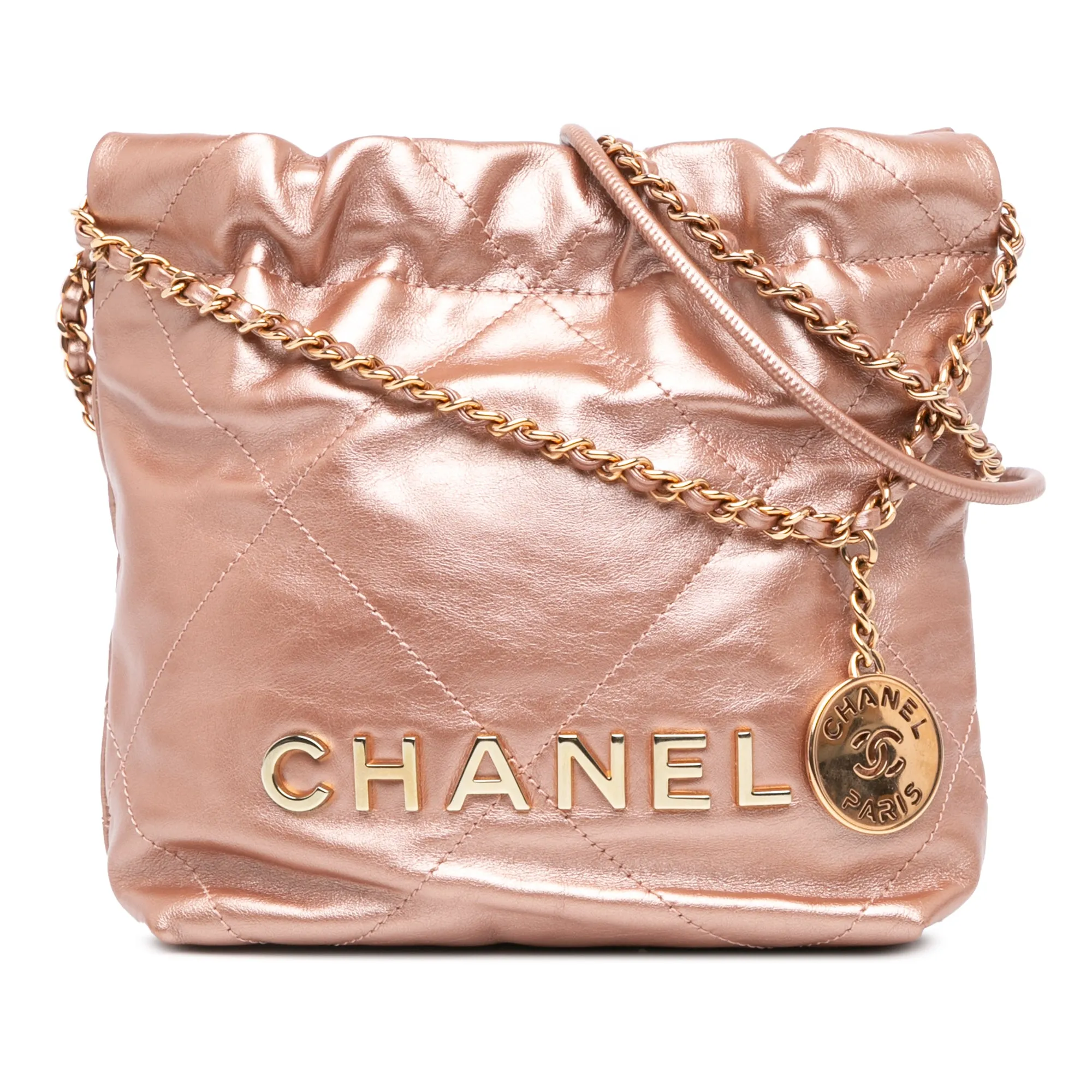 Pink Chanel Mini Metallic Quilted Calfskin 22 Satchel