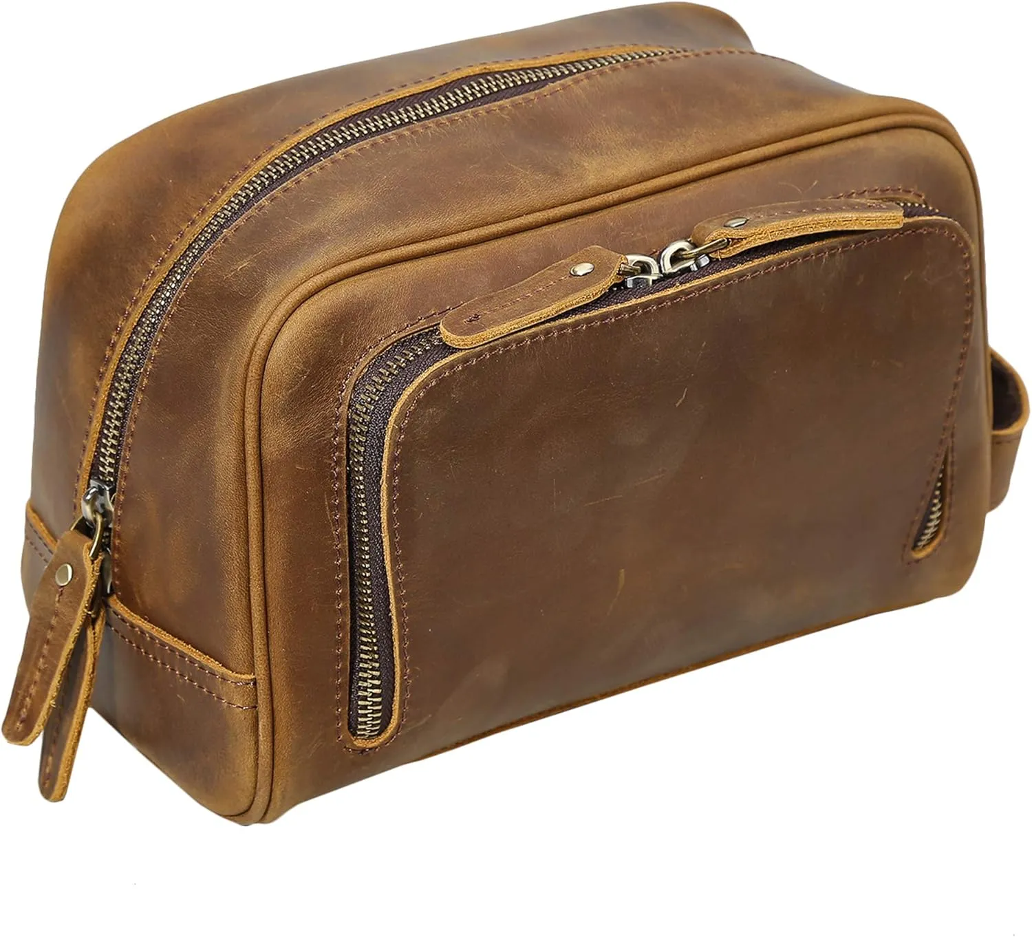 Polare Vintage Full Grain Leather Handmade Travel Toiletry Bag for Men - Dopp Kit - Shaving Kit with YKK Metal Zippers A-Brown