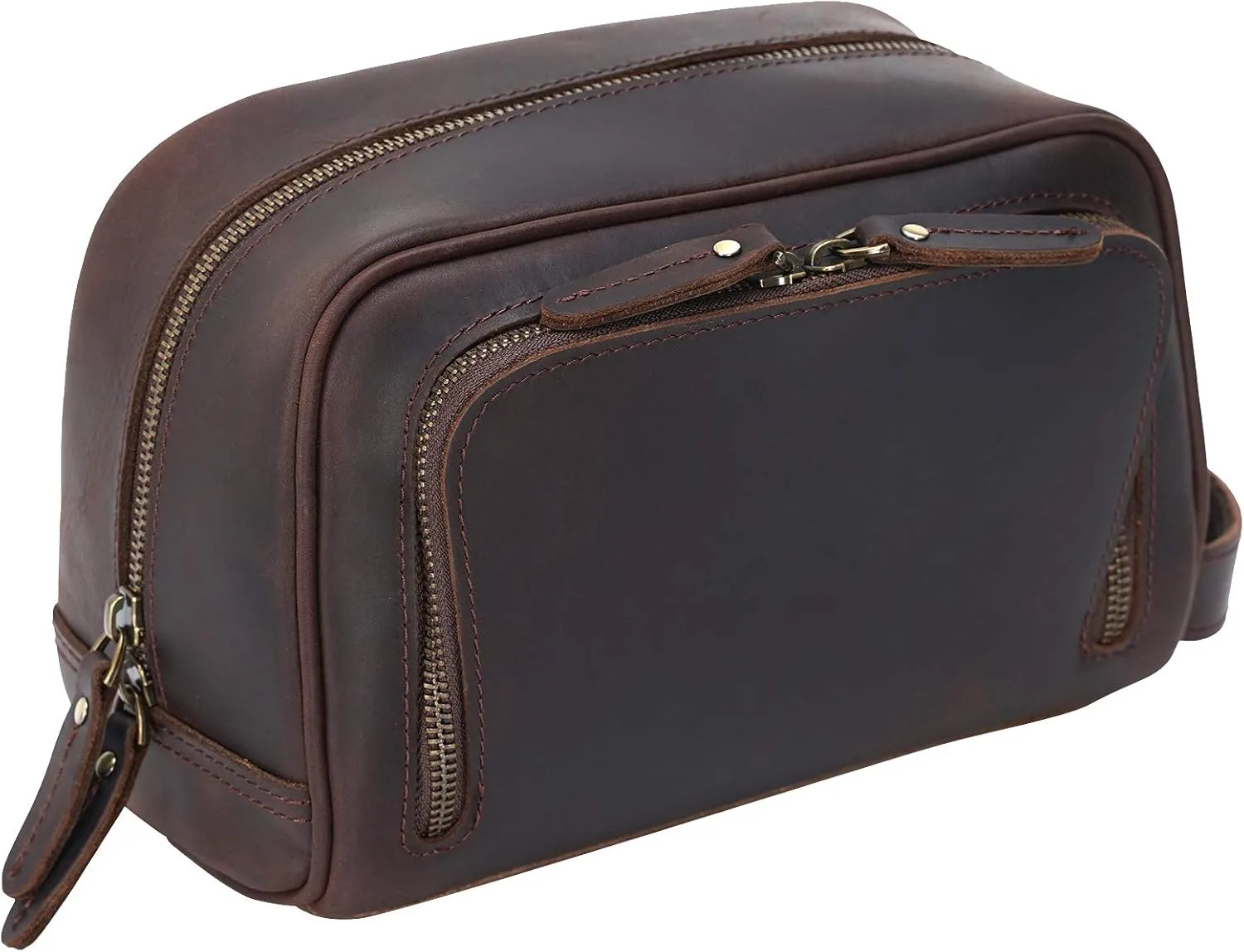 Polare Vintage Full Grain Leather Handmade Travel Toiletry Bag for Men - Dopp Kit - Shaving Kit with YKK Metal Zippers A-Dark Brown