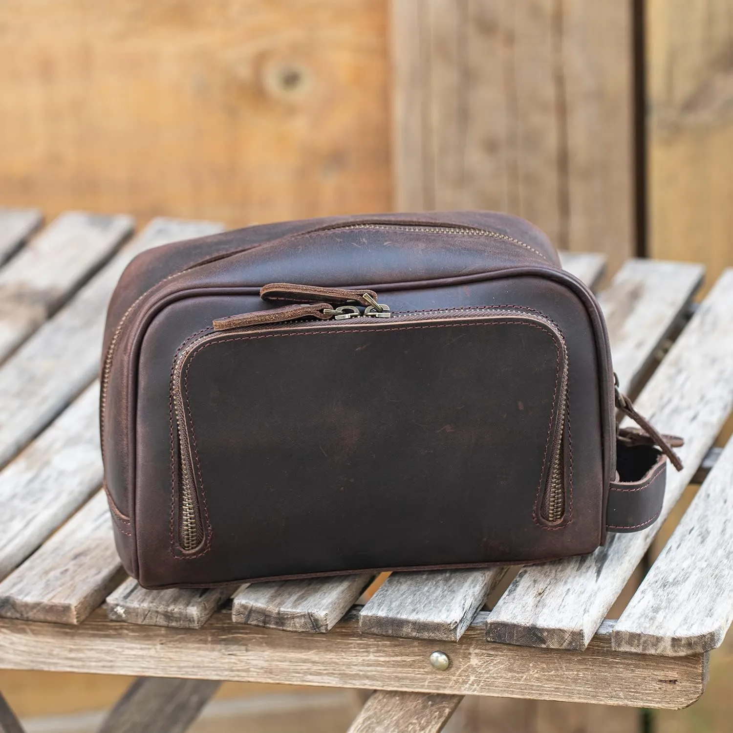 Polare Vintage Full Grain Leather Handmade Travel Toiletry Bag for Men - Dopp Kit - Shaving Kit with YKK Metal Zippers A-Dark Brown