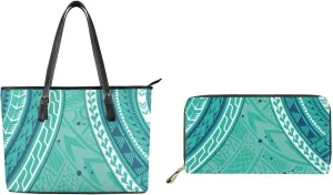 Polynesian Tote Bag Handbags Sets for Women 2Pcs Puletasi Samoan Tribal Large Capacity Wallet with Zipper Coin Purse