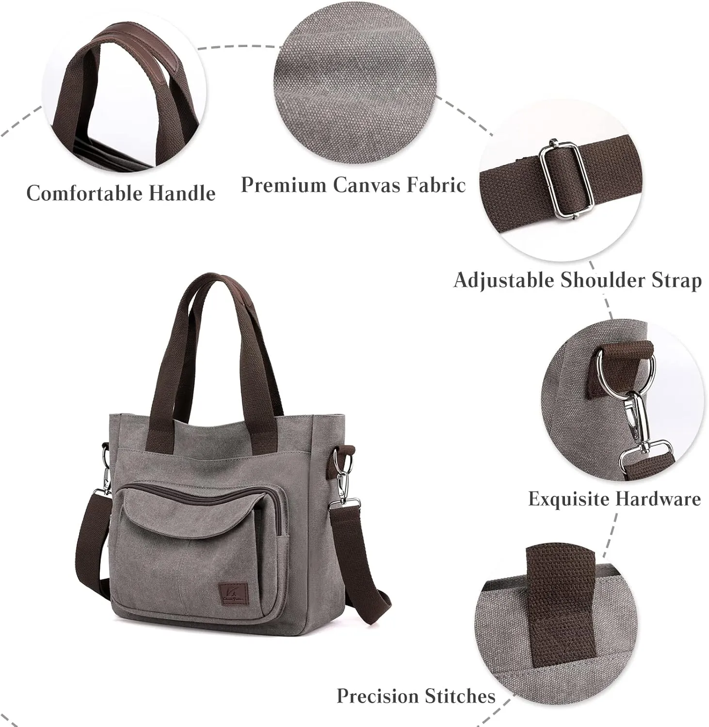 PORRASSO Women Crossbody Bag Canvas Shoulder Bag Tote Ladies Handbag Satchel Messenger Bag for Shopping Travel Work Daily Use Grey