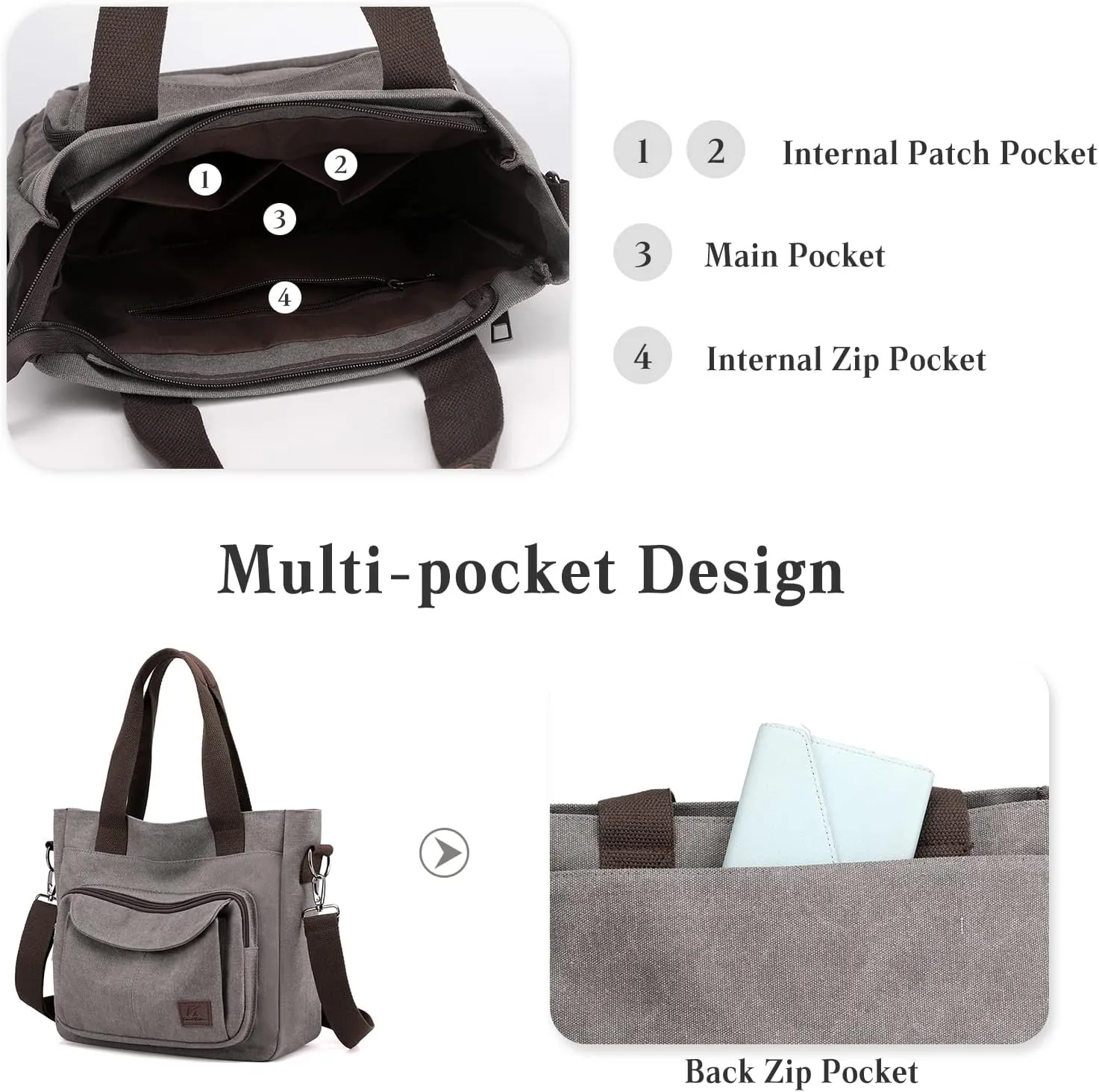 PORRASSO Women Crossbody Bag Canvas Shoulder Bag Tote Ladies Handbag Satchel Messenger Bag for Shopping Travel Work Daily Use Grey