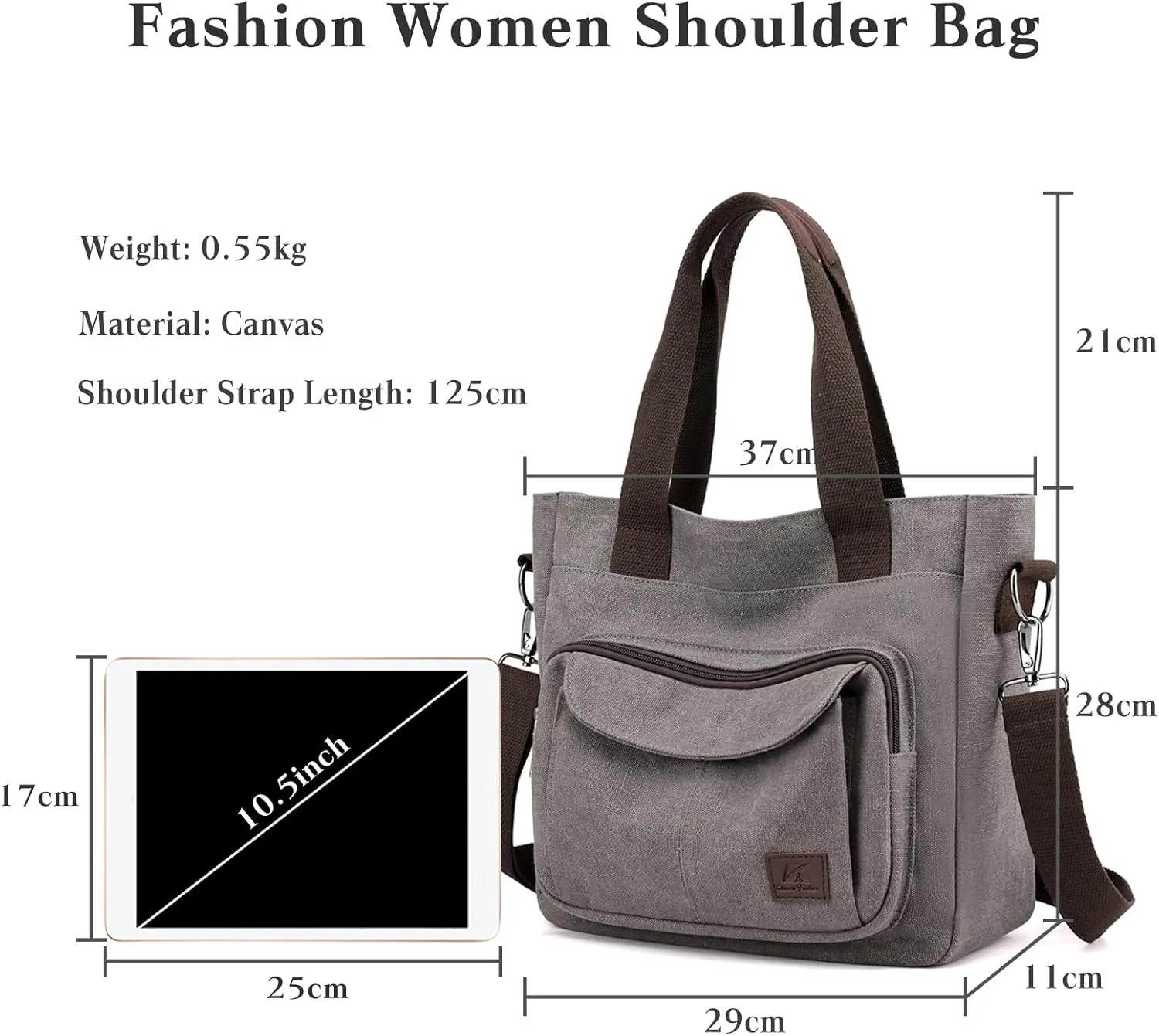 PORRASSO Women Crossbody Bag Canvas Shoulder Bag Tote Ladies Handbag Satchel Messenger Bag for Shopping Travel Work Daily Use Grey