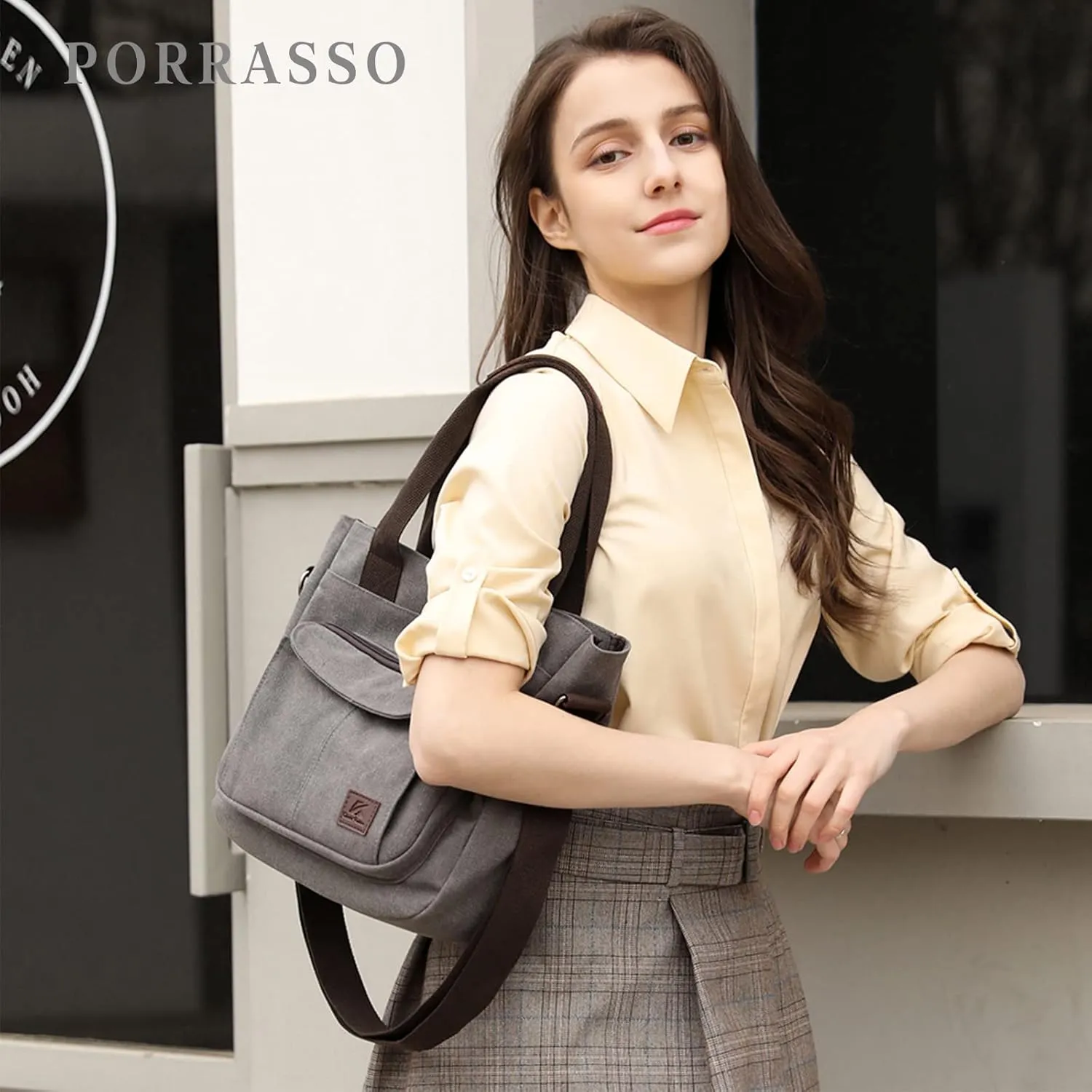 PORRASSO Women Crossbody Bag Canvas Shoulder Bag Tote Ladies Handbag Satchel Messenger Bag for Shopping Travel Work Daily Use Grey