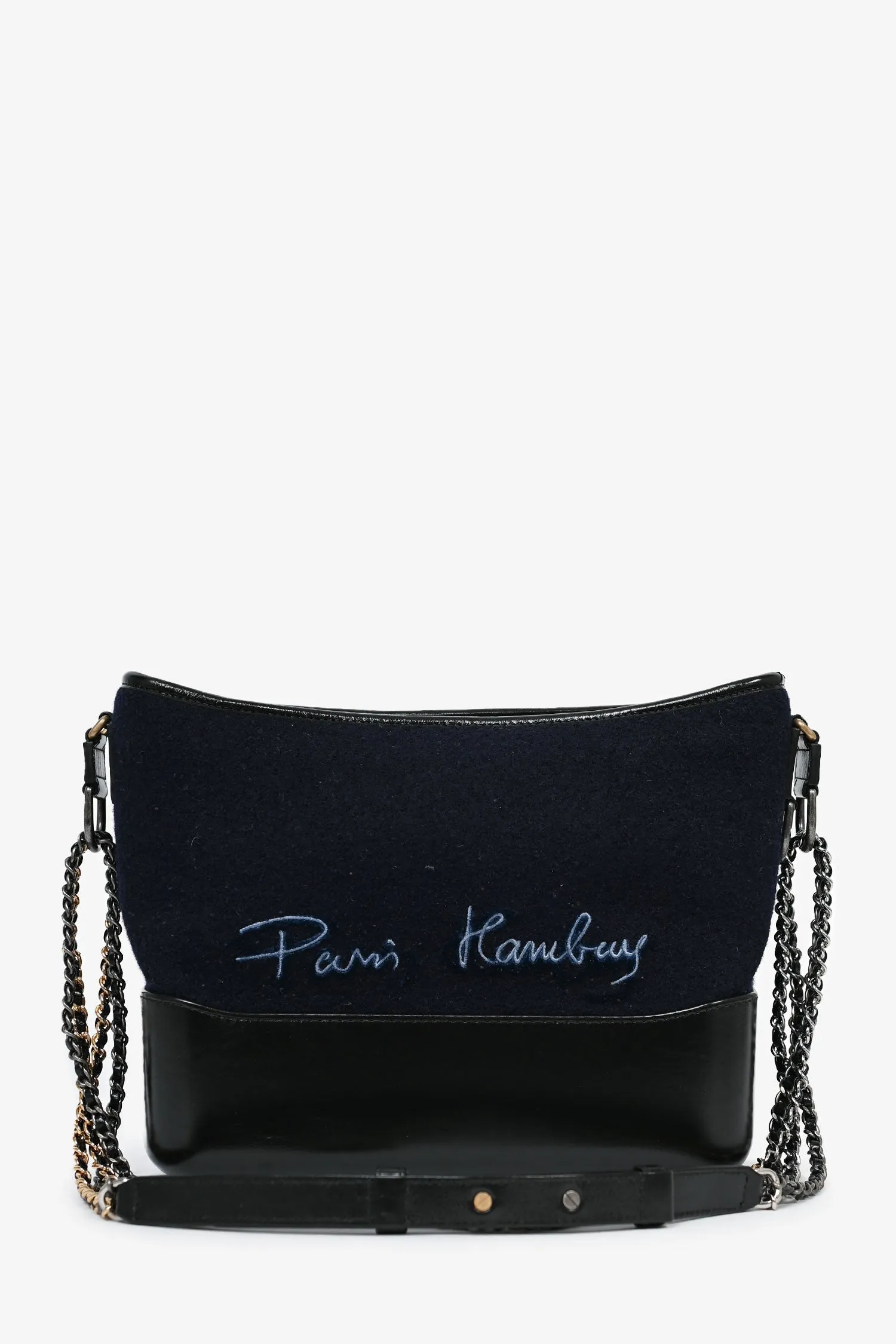 Pre-Loved Chanel™ 2019 Navy Wool 'Paris Hamburg' Embroidered Large Gabrielle Hobo