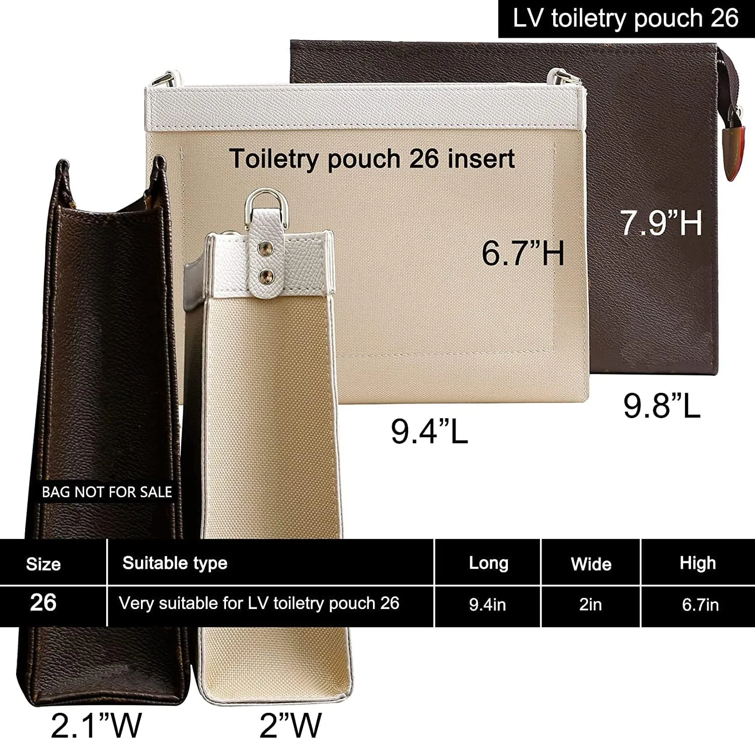 Premium Leather Purse Insert Organizer Compatible with LV Toiletry Pouch 19/26 with Gold Buckles