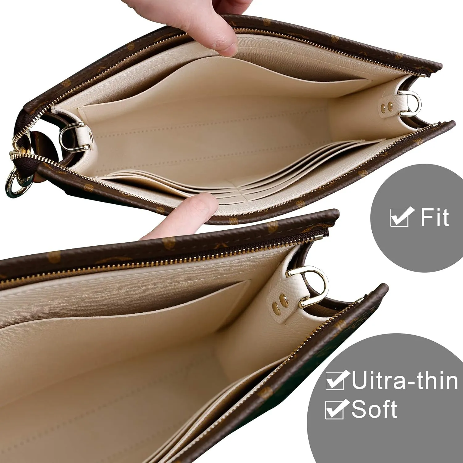 Premium Leather Purse Insert Organizer Compatible with LV Toiletry Pouch 19/26 with Gold Buckles