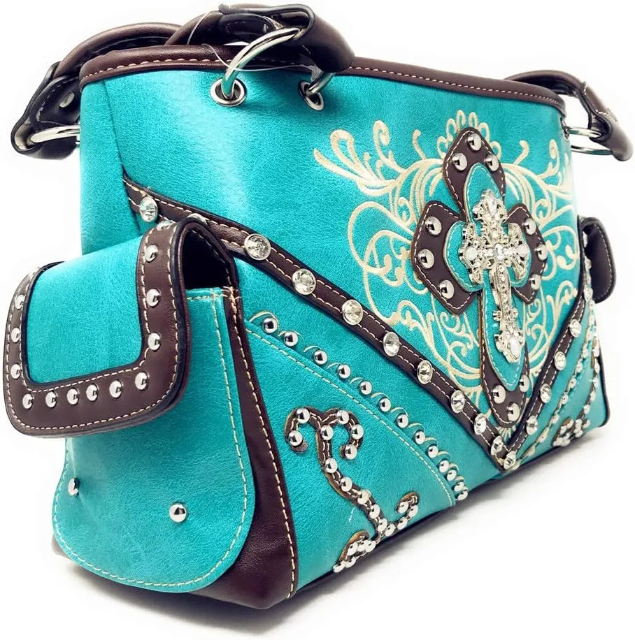Premium Rhinestone Cross Western Embroidered Concealed Carry Handbag Purse in 6 colors