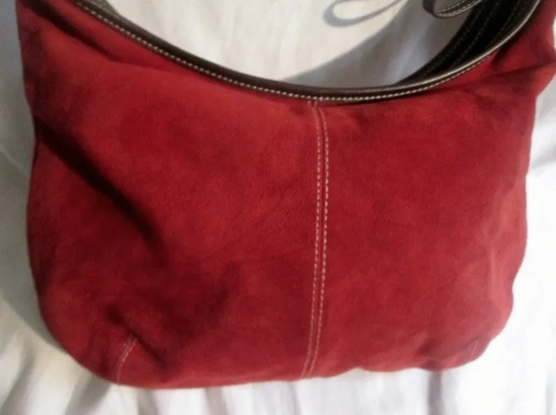 PRESTON & YORK Suede Leather Floral Patch Shoulder Bag Purse M RED WINE
