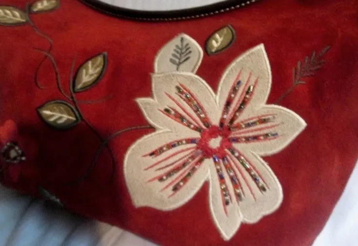 PRESTON & YORK Suede Leather Floral Patch Shoulder Bag Purse M RED WINE