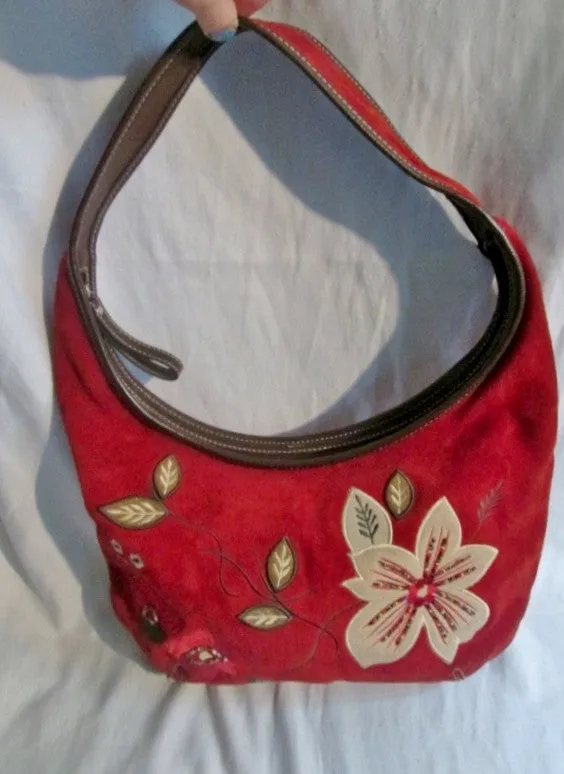 PRESTON & YORK Suede Leather Floral Patch Shoulder Bag Purse M RED WINE